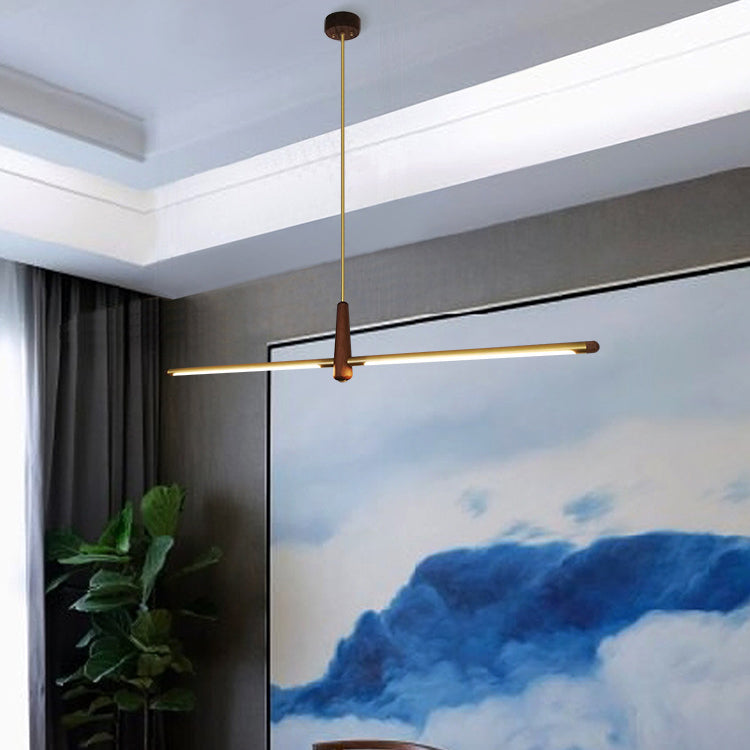 Contemporary Scandinavian Copper Brass Wood Strip LED Kitchen Island Light Chandelier For Dining Room