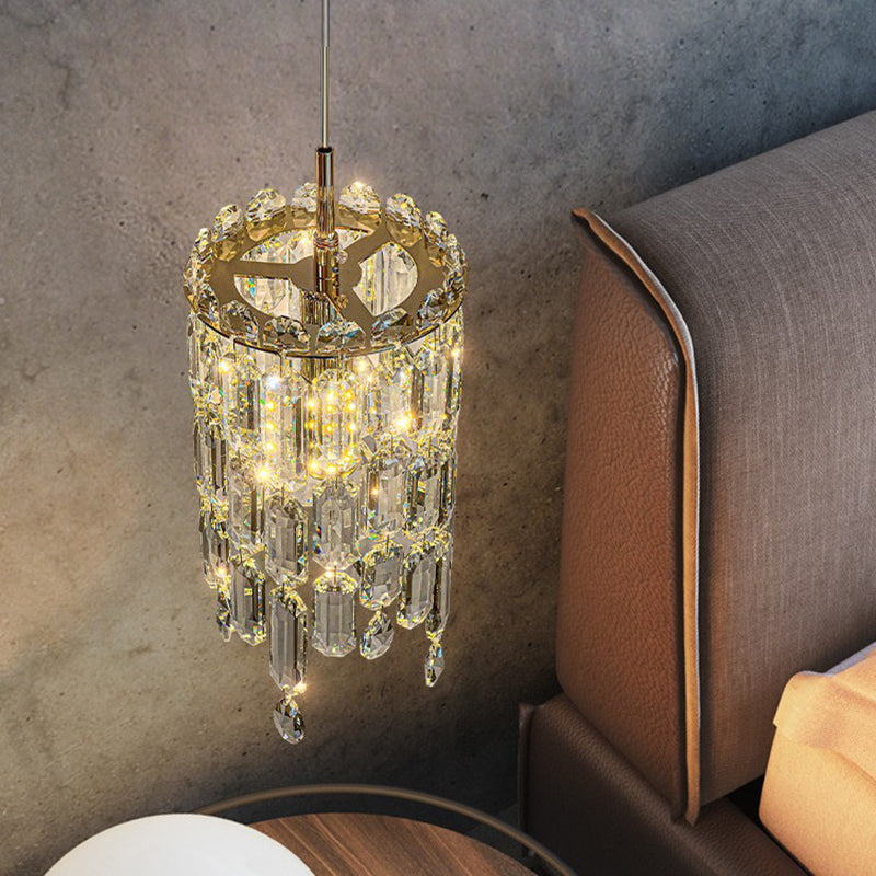 Modern Art Deco Cylinder Hardware Crystal 1-Light Pendant Light For Living Room