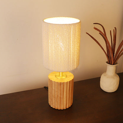 Traditional Japanese Column Wood Paper Rope 1-Light Table Lamp For Living Room