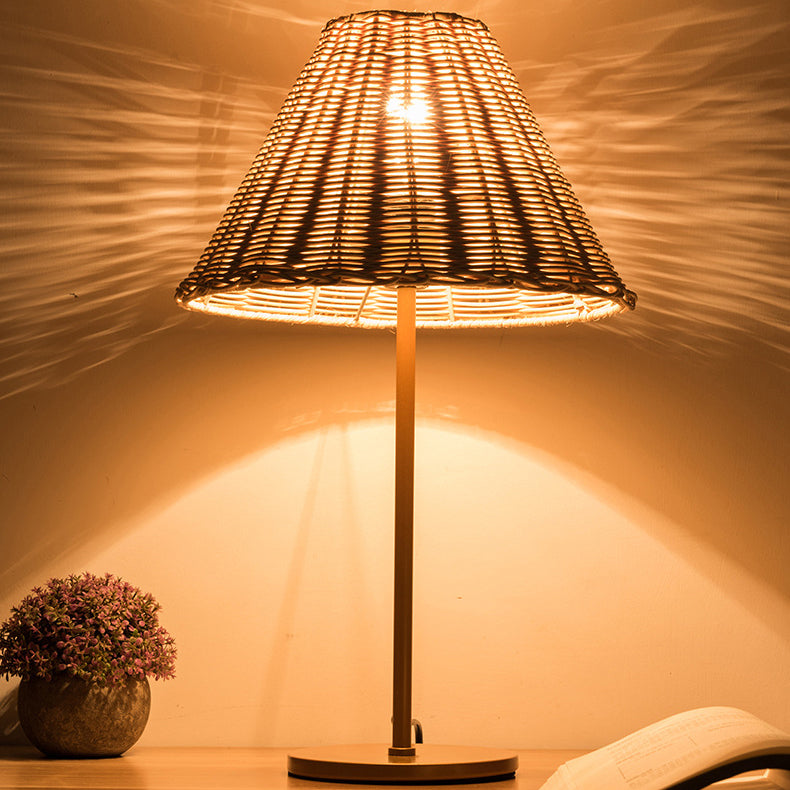 Contemporary Boho Round Trapezoidal Cylinder Base Rattan Metal 1-Light Table Lamp For Bedroom