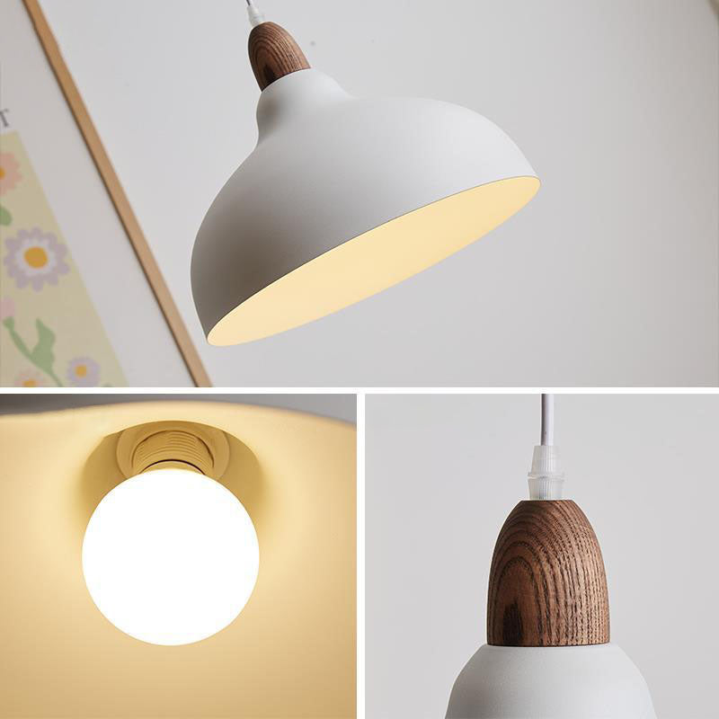 Japanese Simple Solid Wood Dome Round Hardware 1-Light Pendant Light
