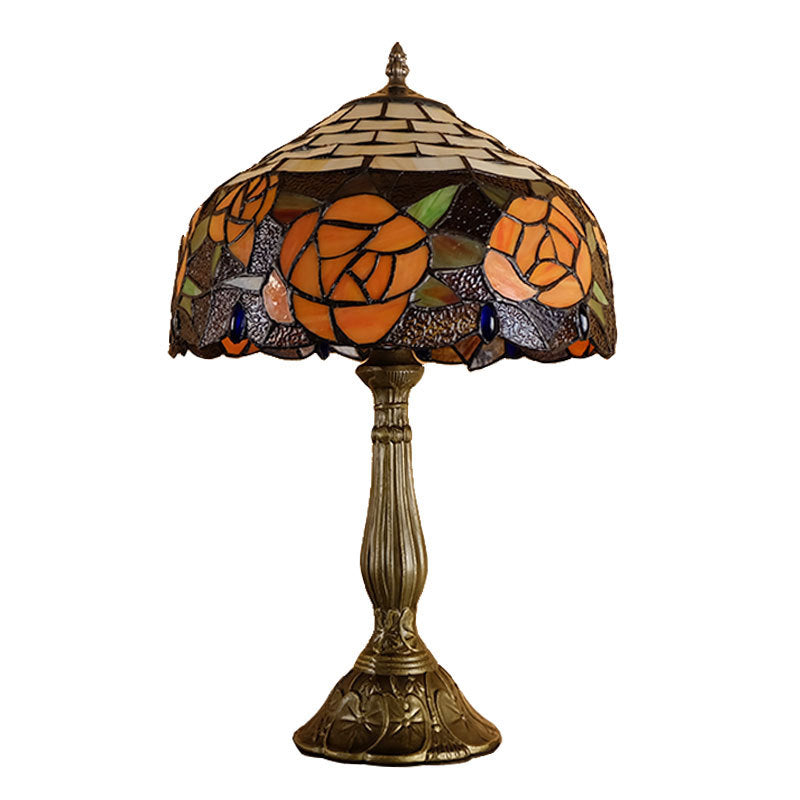 Traditional Tiffany Vintage Rose Stained Glass 1-Light Table Lamp For Study