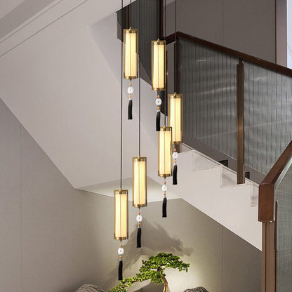 Traditional Chinese Copper Glass Cylinder Elliptical Hollow 1/3/6 Light Chandelier For Entryway