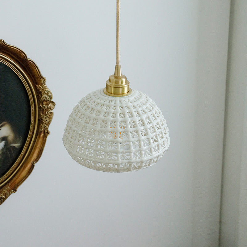 Traditional Vintage Brass Openwork Ceramic Bowl Shape 1-Light Pendant Light For Living Room