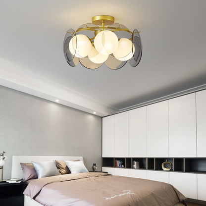 Modern Mid-Century Golden Finish Frame Glass Ball Shade 4/6-Light Semi-Flush Mount Ceiling Light For Living Room