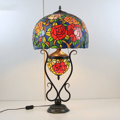 Tiffany European Vintage Floral Stained Glass Round Pot 3-Light Table Lamp