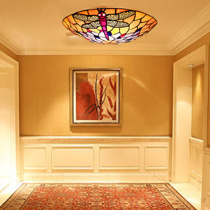 European Tiffany Orange Dragonfly Glass 2/3 Light Flush Mount Ceiling Light