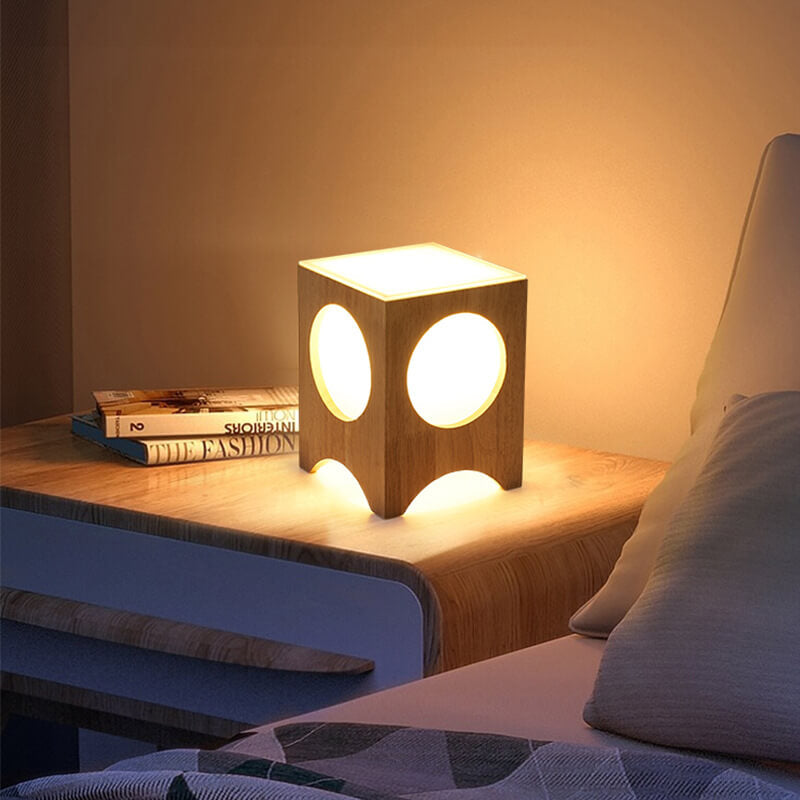 Japanese Harajuku Solid Wood Hollow Pattern Cube Acrylic 1-Light Table Lamp