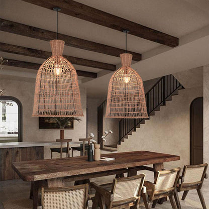 Traditional Japanese Round Bell Rattan Mesh Shade 1-Light Pendant Light For Living Room