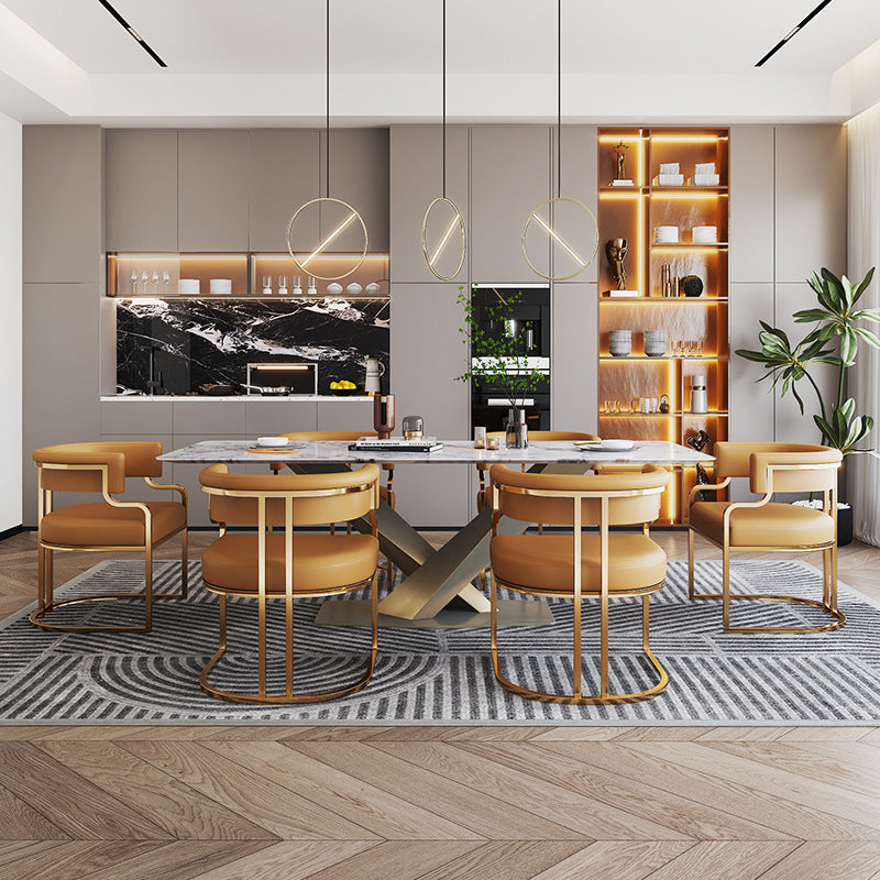 Traditional Luxury U-Shape Metal Microfiber Leather Dining Chair Backrest Armrest for Dining Room