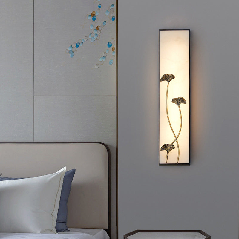 Traditional Chinese Copper Marble Cubic Bamboo Leaf Lotus Flower Ginkgo Biloba LED Wall Sconce Lamp For Bedside