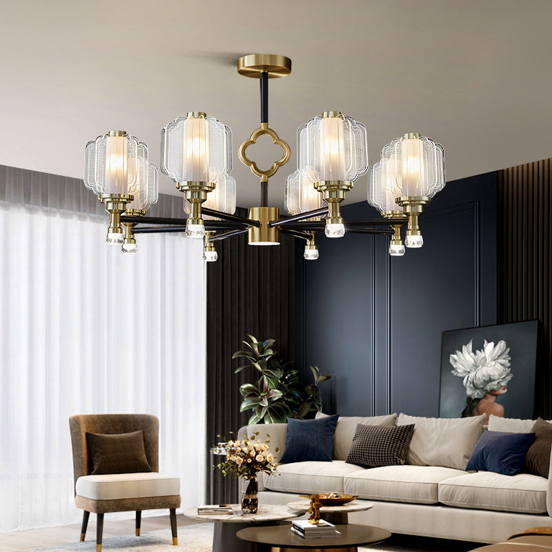 ثريا معاصرة من الكريستال والزجاج والنحاس بتصميم إسكندنافي، 6/8/15 ضوءًا لغرفة المعيشة 