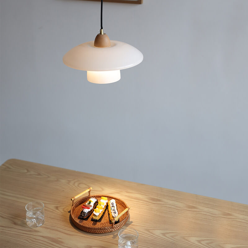 Danish Vintage White Jade Disc Glass Shade 1-Light Pendant Light