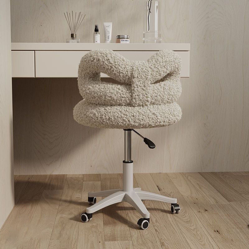 Modern Art Deco Butterfly Knot Round Lambswool Faux Leather Metal Vanity Stool Backrest Armless For Bedroom