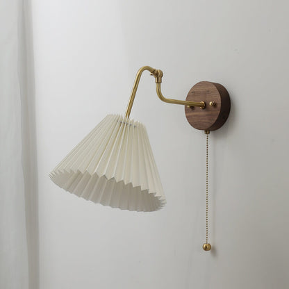 Nordic Vintage Walnut Brass Pleated Shade 1-Light Wall Sconce Lamp