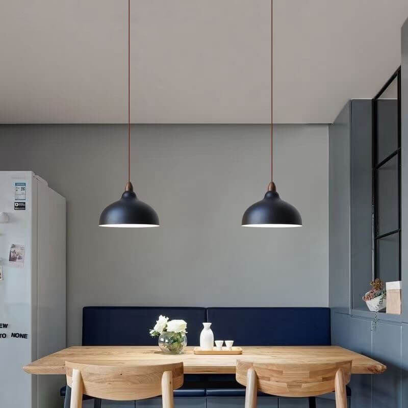 Japanese Simple Iron Dome Solid Wood Top 1-Light Pendant Light