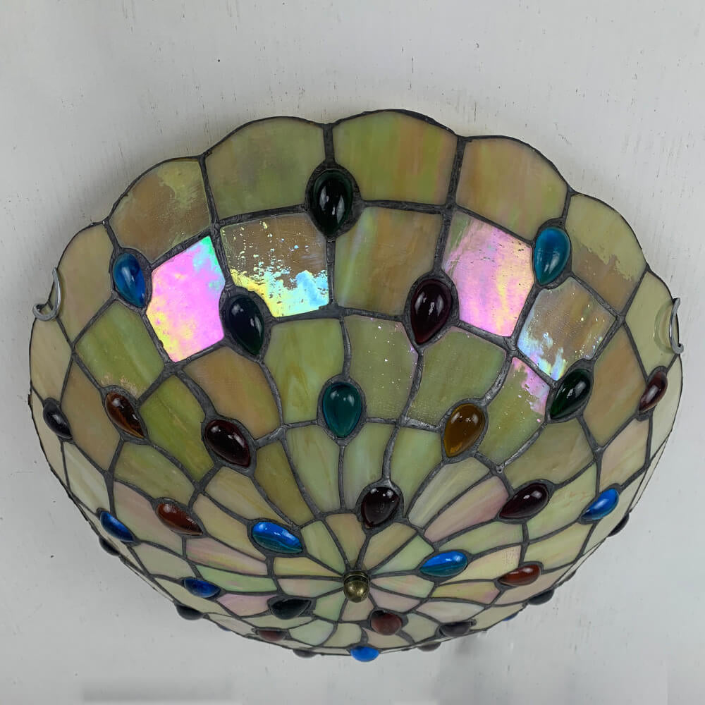 Traditional Tiffany Round Shell Bead Stained Glass 2-Light Flush Mount Ceiling Light For Hallway