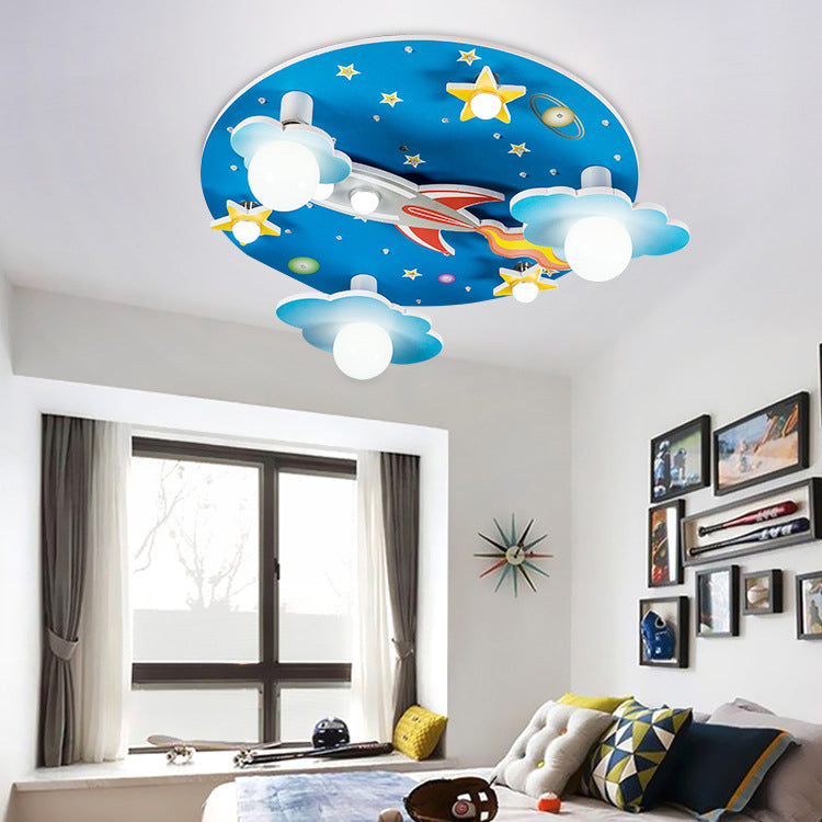 Modern Art Deco Kids Wood Plastic Round Rocket Starry Sky LED Flush Mount Ceiling Light For Bedroom