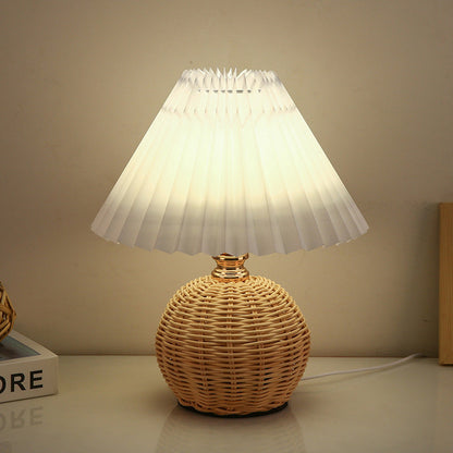 寝室用、現代的な北欧風ラタン生地プリーツ円錐ボールLEDテーブルランプ