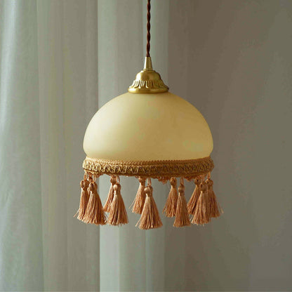 Traditional French Round Tassel Glass Copper Fabric 1-Light Pendant Light For Living Room