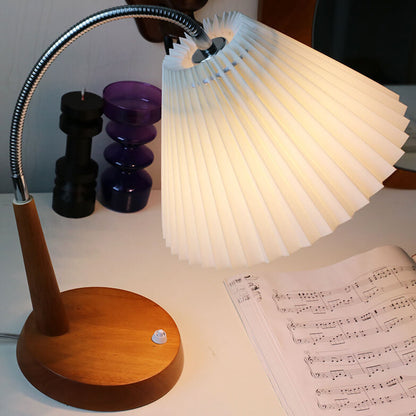 French Vintage Pleated Solid Wood Base Curved Arm 1-Light Table Lamp