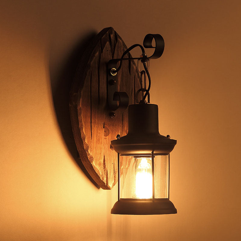 Traditional Farmhouse Wood Disc Iron Shade 1-Light Wall Sconce Lamp For Dining Room