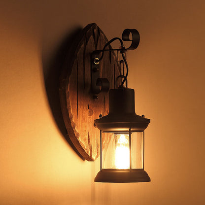 Traditional Farmhouse Wood Disc Iron Shade 1-Light Wall Sconce Lamp For Dining Room