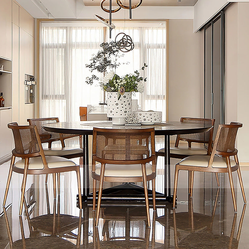 Traditional Chinese Square Wood Weaving Microfiber Leather Dining Chair Four Legs Backrest Armrest For Dining Room