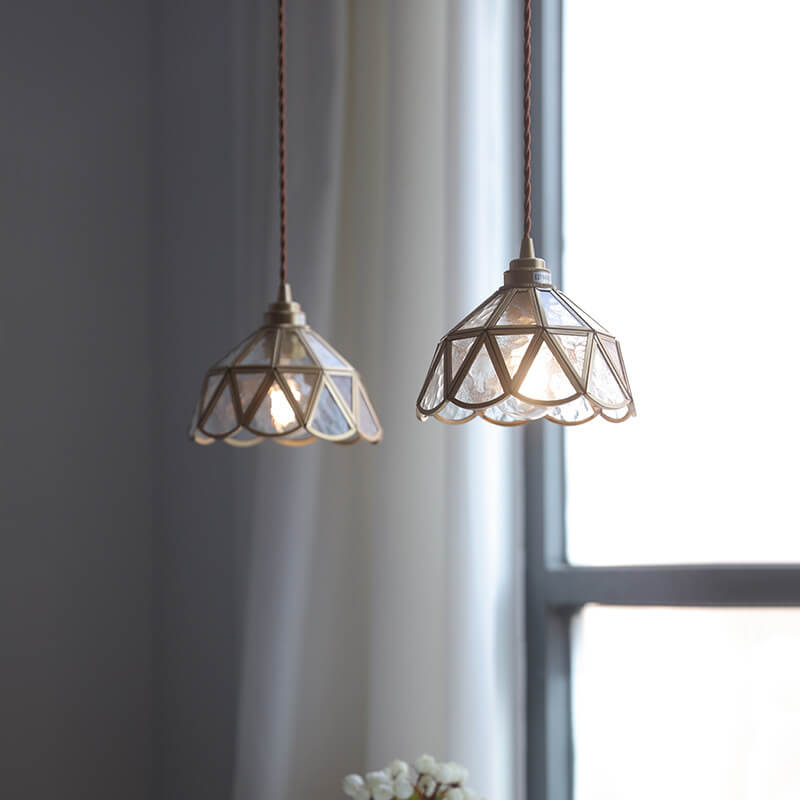 Japanese Vintage Cone Geometric Glass Copper 1-Light Pendant Light