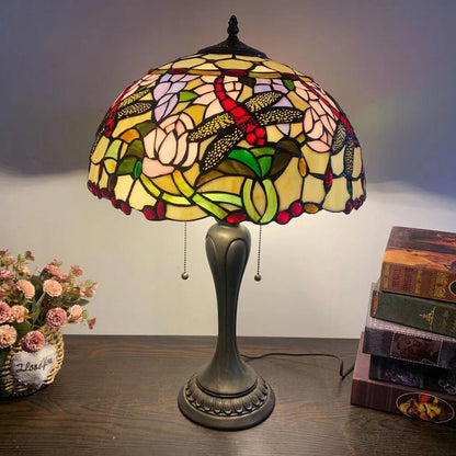 Traditional Tiffany Umbrella Flower Dragonfly Alloy Stained Glass 2-Light Table Lamp For Bedroom