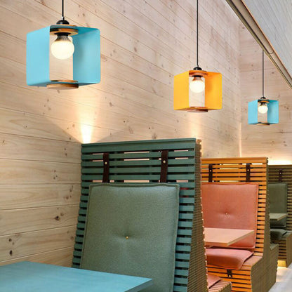 Nordic Creative Iron Solid Wood Square Geometry 1-Light Pendant Light