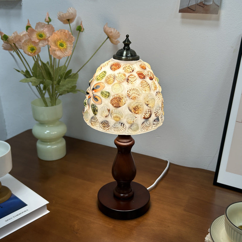 Traditional Vintage Wood Glass Hemispheroid Shell Lozenge 1-Light Table Lamp For Bedside