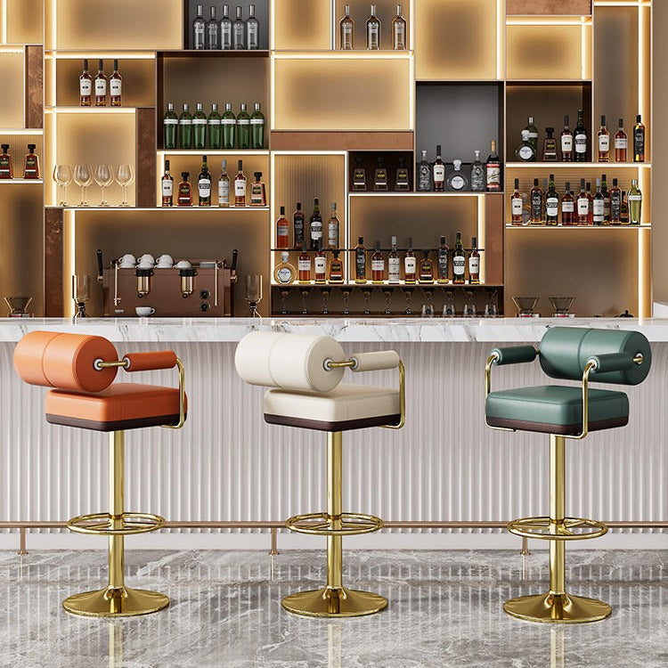 Modern Luxury Square Cylindrical Artificial Leather Metal Bar Stool Backrest Armrest For Dining Room