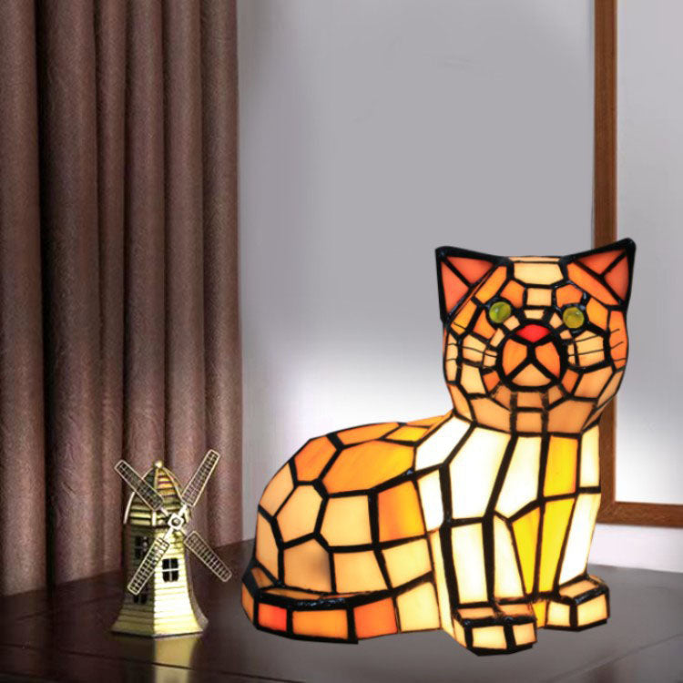 伝統的なティファニーステンドグラスの猫型1灯テーブルランプ（寝室用） 