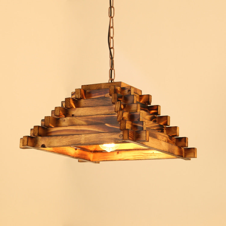 Traditional Rustic Wood Trapezoidal Shade Iron Chain 1-Light Pendant Light For Dining Room