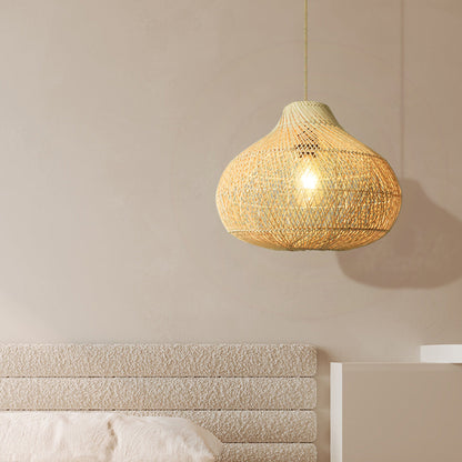 Traditional Chinese Round Weaving Wood 1-Light Pendant Light For Dining Room