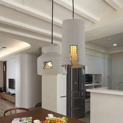 Contemporary Industrial Iron Cement Cylinder Skeletonized Split 1-Light Pendant Light For Dining Room