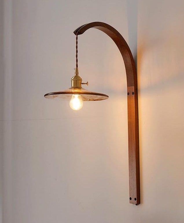 Traditional Japanese Round Ceramic Glass Shade Wood Curved Pole 1-Light Wall Sconce Lamp For Living Room