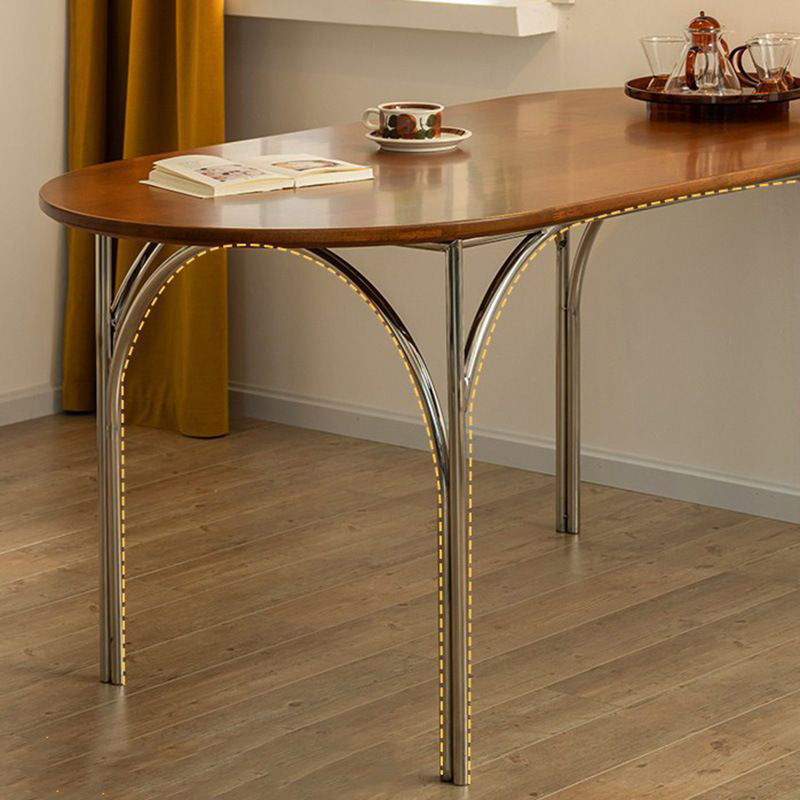 Traditional Vintage Elliptical Pine Ash Wood Stainless Steel Dining Table For 4 Seats