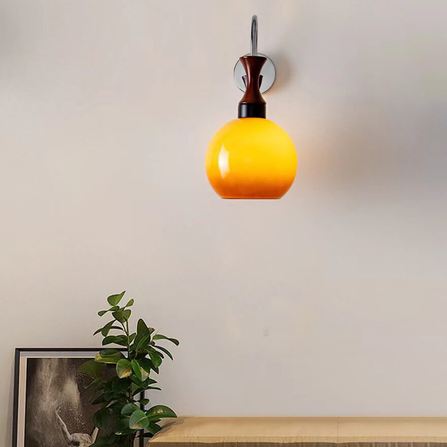 Retro Wooden Iron Lamp Arm Glass Ball 1-Light Wall Sconce Lamp