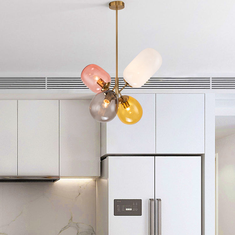 Contemporary Scandinavian Iron Copper Glass Balloon 4-Light Chandelier For Dining Room