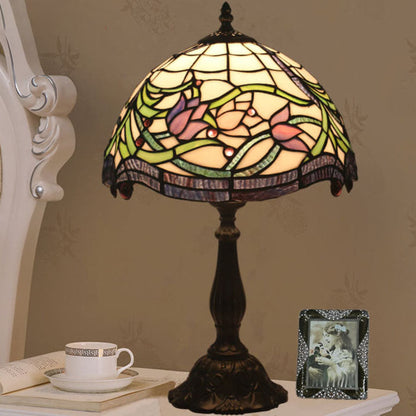 Vintage Tiffany Tulip Stained Glass Resin Dome 1-Light Table Lamp