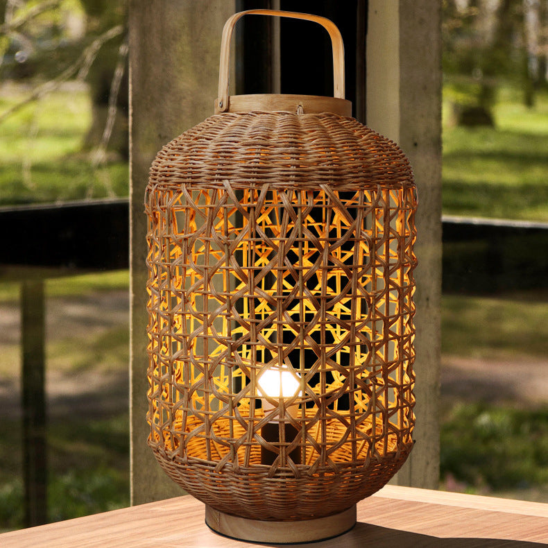 Traditional Vintage Cylinder Lantern Bamboo Rattan 1-Light Table Lamp For Living Room