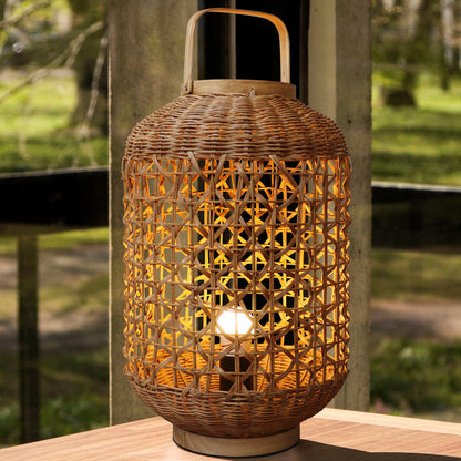 Traditional Vintage Cylinder Lantern Bamboo Rattan 1-Light Table Lamp For Living Room