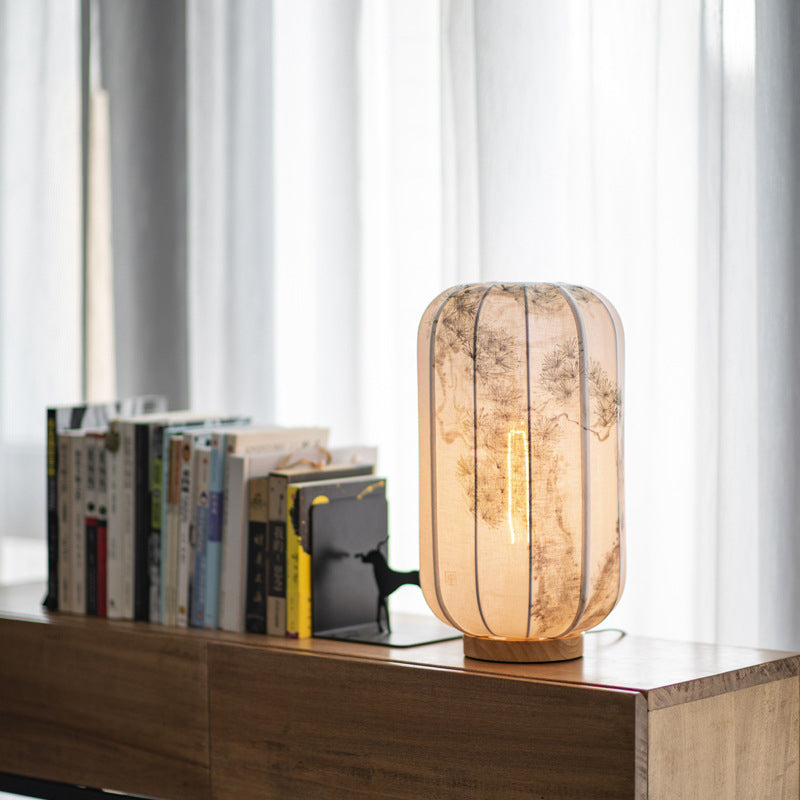 Traditional Chinese Wood Cotton Hemp Cylinder Bamboo Leaf 1-Light Table Lamp For Bedside
