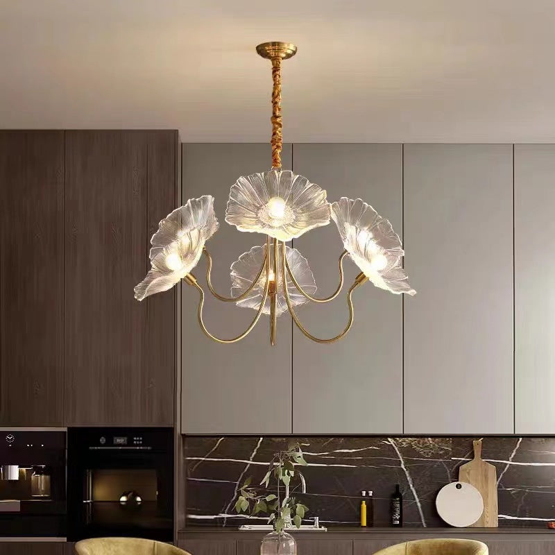 Modern Art Deco Gold Finish Frame Lotus Leaf Glass Shade 3/6-Light Chandelier For Living Room