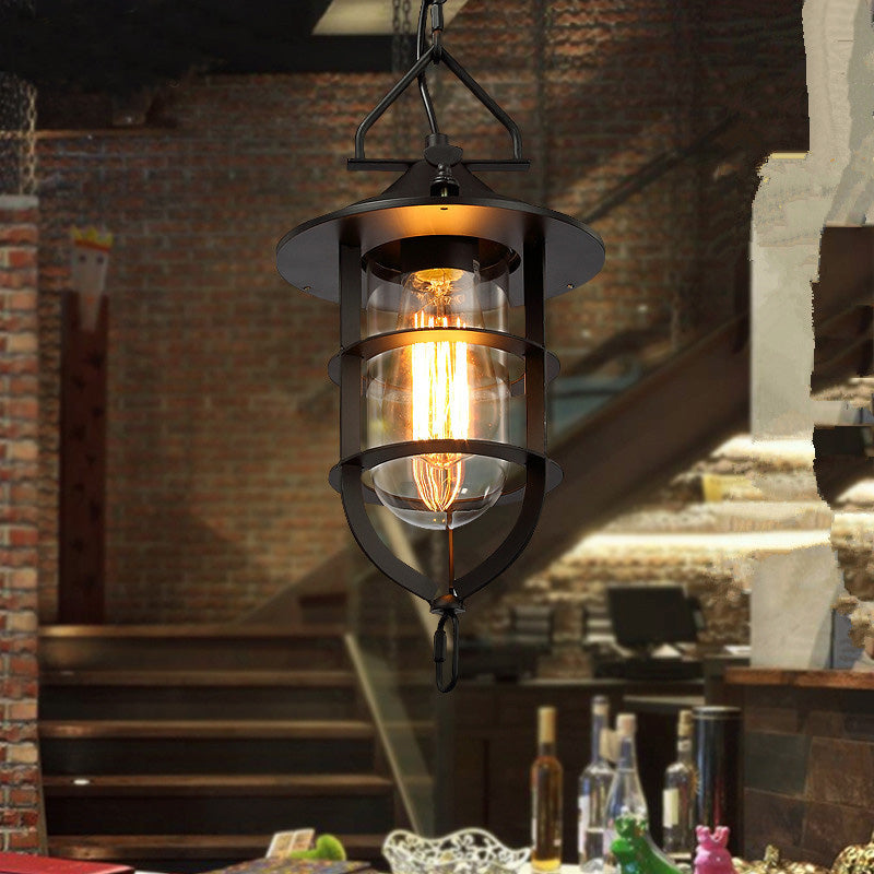 Traditional Vintage Birdcage Boatyard Iron Glass 1-Light Pendant Light For Living Room