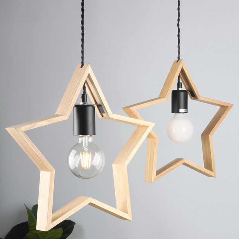 Contemporary Creative Solid Wood Pentagram Star 1-Light Pendant Light For Living Room