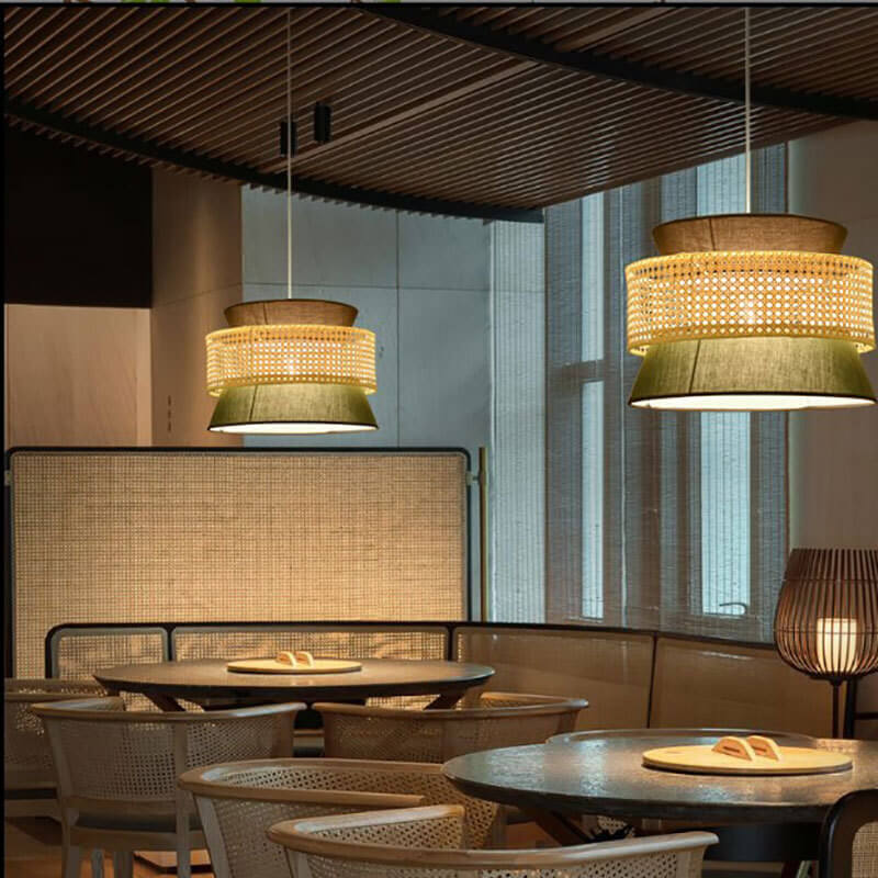 Traditional Japanese Rattan Weaving Fabric Round Shade 1-Light Pendant Light For Dining Room