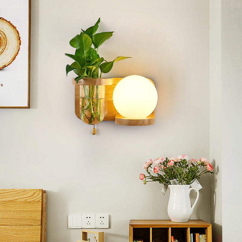 Modern Minimalist Rectangular Cylinder Orb Glass Wood 1-Light Wall Sconce Lamp For Living Room